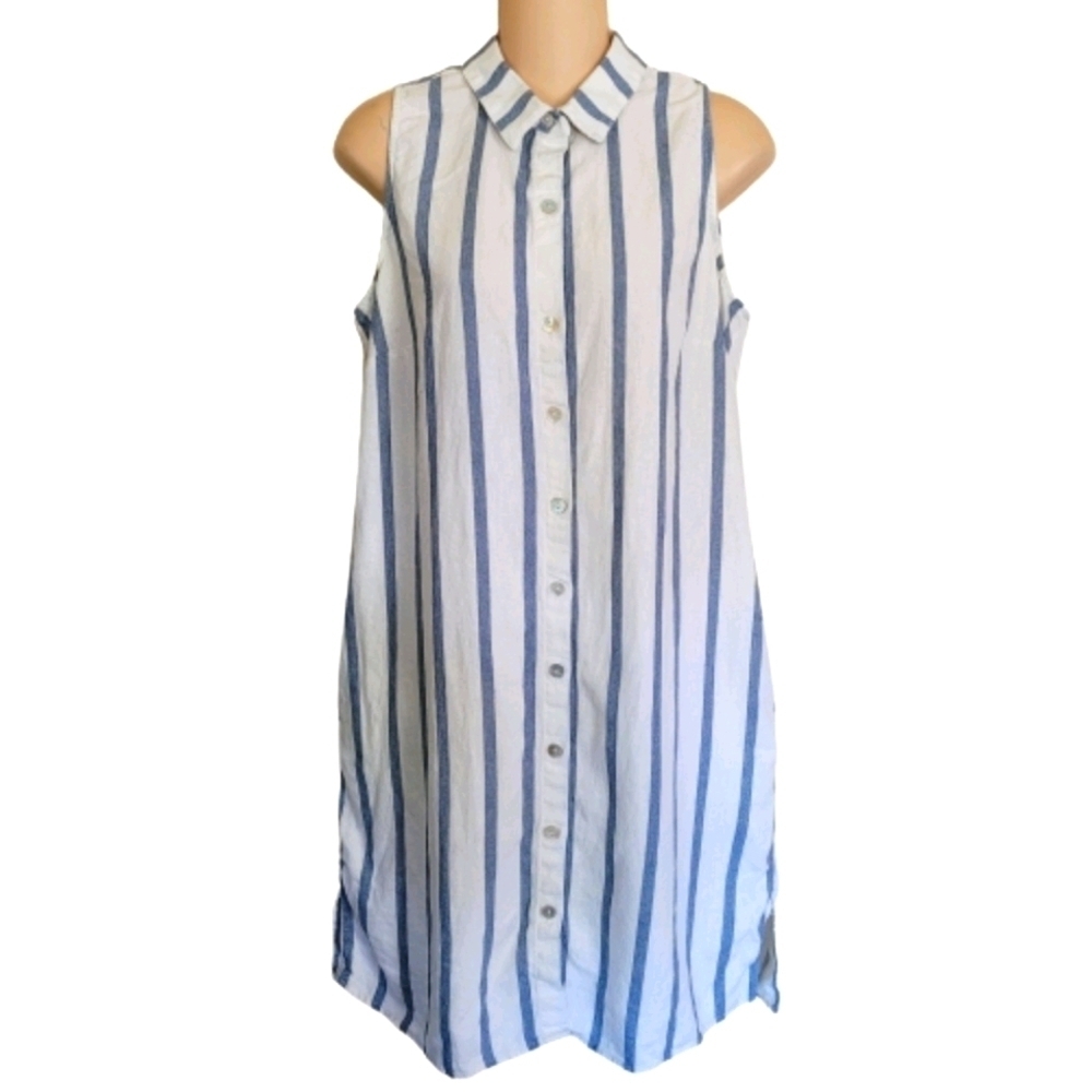 Prelude Vertical Striped Linen Button-Down Sleeveless Dress Size Women's Medium